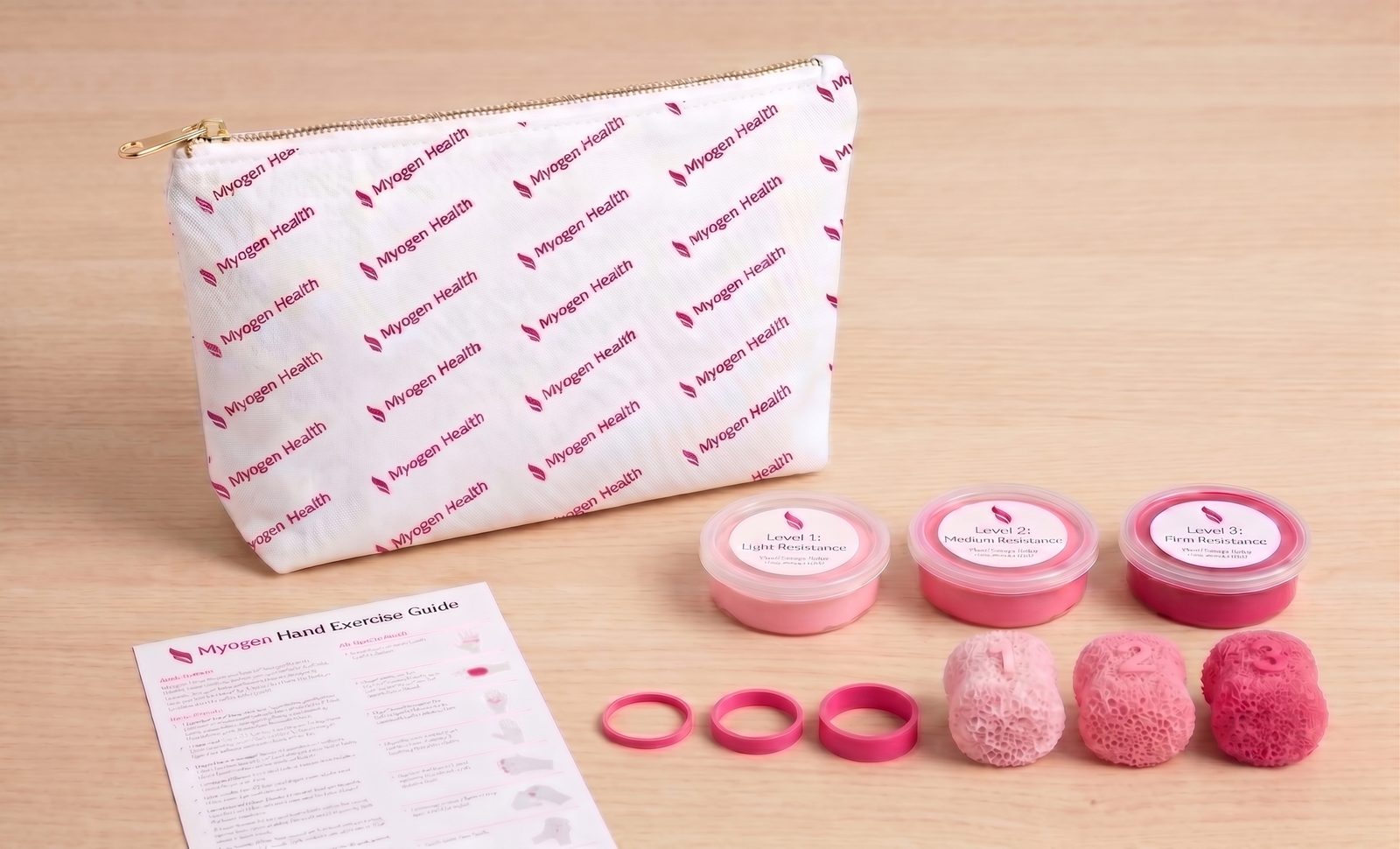 The Myogen Hand Exercise Kit on a wooden table: a branded pouch, three tubs of therapy putty by resistance level, pink resistance bands, foam balls, and a printed hand exercise guide.